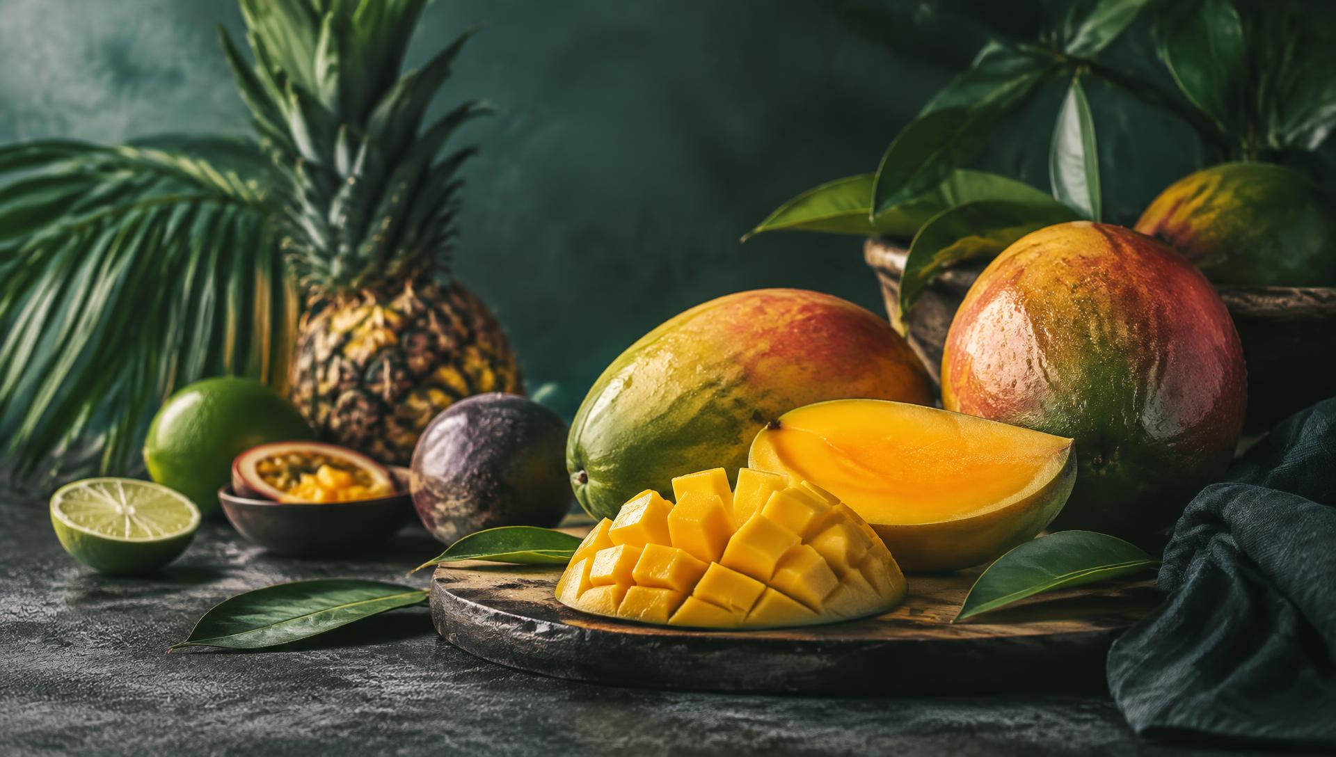 Fresh mangoes and tropical fruit prepared for processing