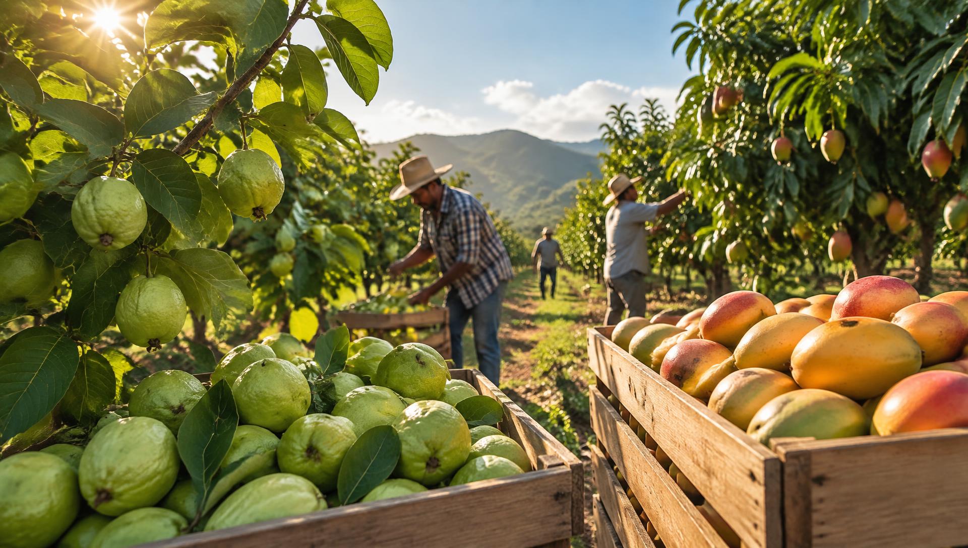 Freshly harvested guava and mango in crates at the orchard