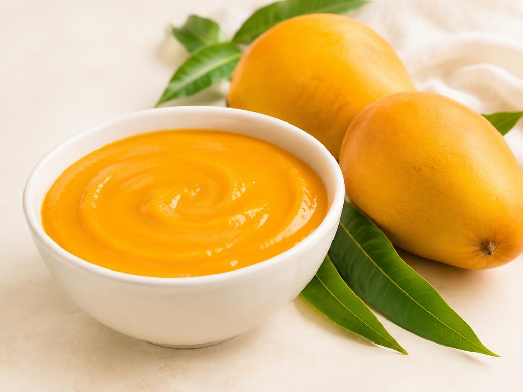 Alphonso Mango Puree in a white bowl beside fresh mangoes