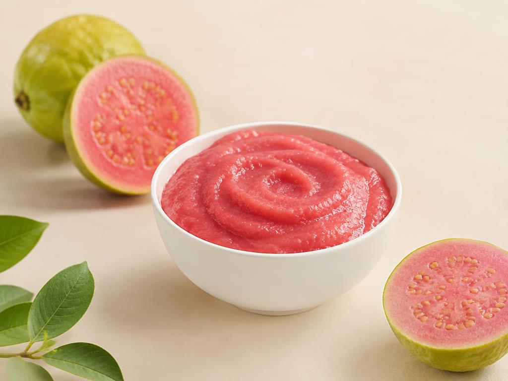 Pink Guava Puree with halved pink guavas