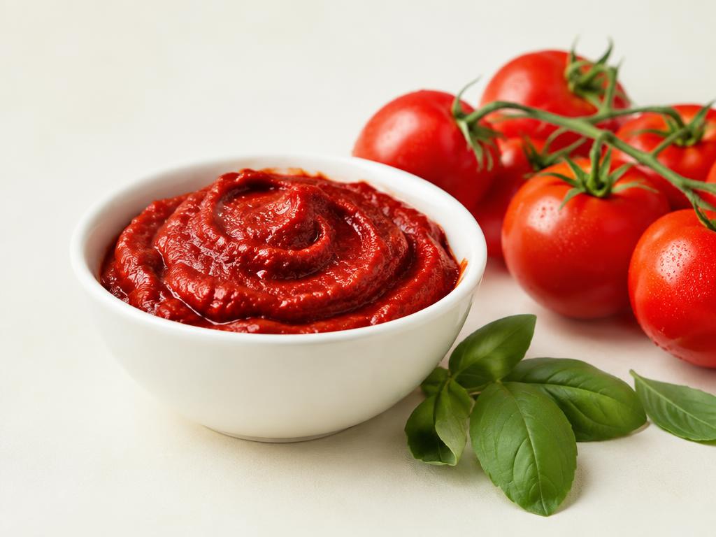 Tomato Paste in a bowl with fresh vine tomatoes